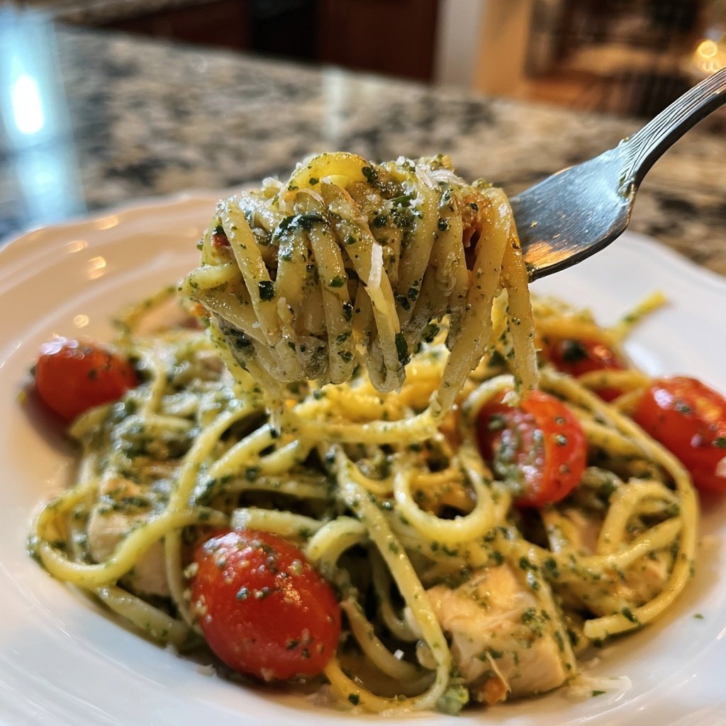 Chicken Pesto Noodles with Cherry Tomatoes
